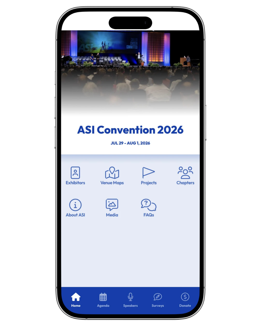 ASI Convention 2026 app showing agenda, speakers, venue maps, and projects